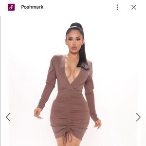 Fashion Nova Long Sleeve Ruched Dress - Brown